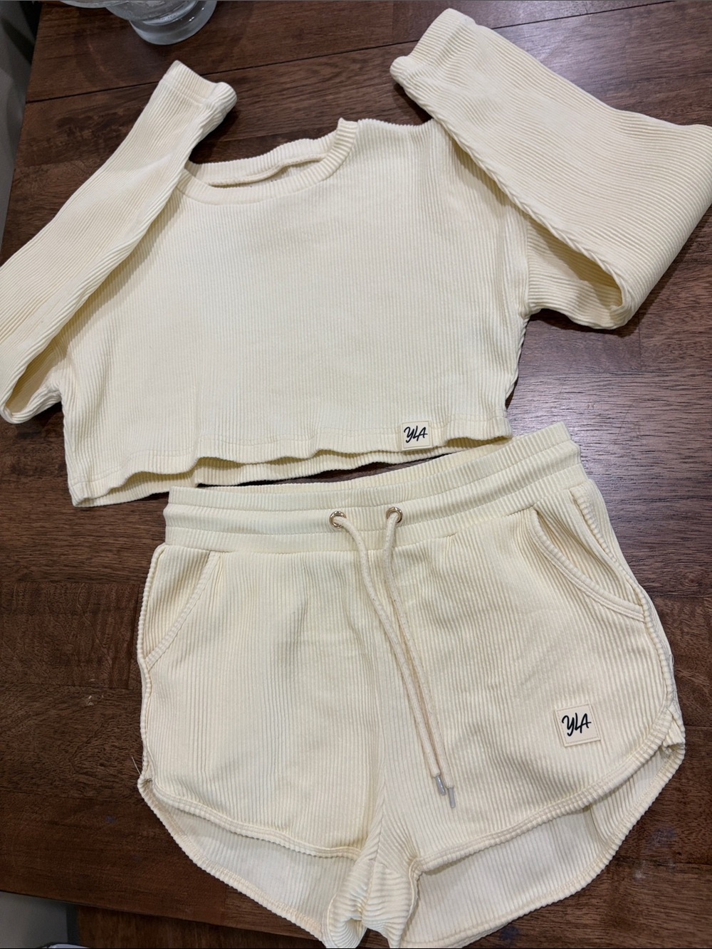 YoungLA Cream Ribbed Cropped Sweatshirt & Drawstring Shorts Set